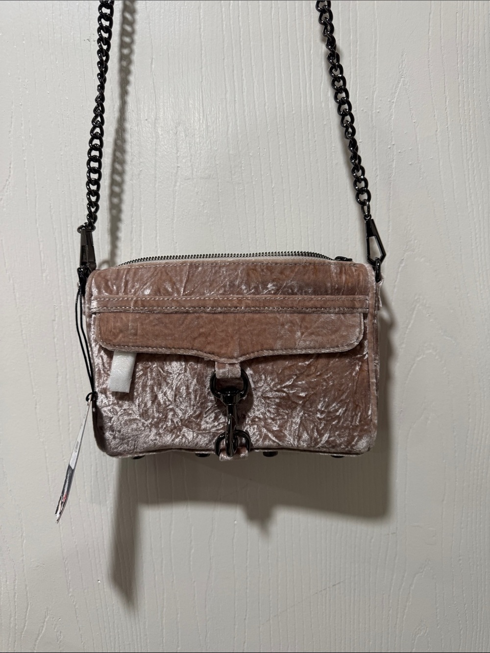 NWT Rebecca Minkoff Crushed Velvet Crossbody in Rose Taupe with Gunmetal Chain